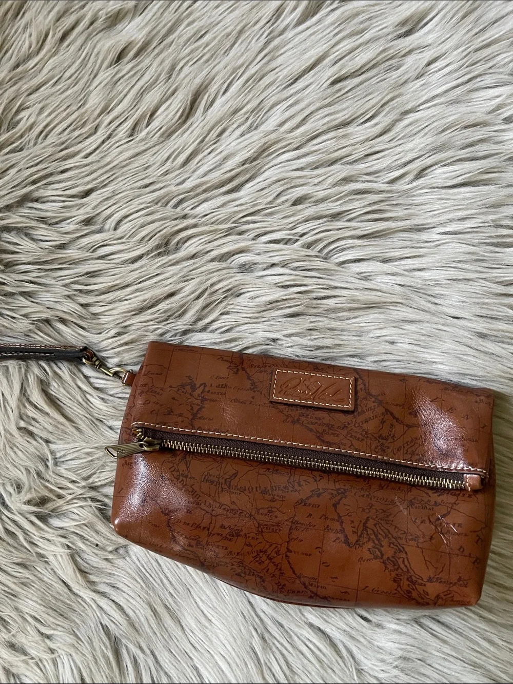 Patricia Nash Cognac Map-Print Leather Wristlet